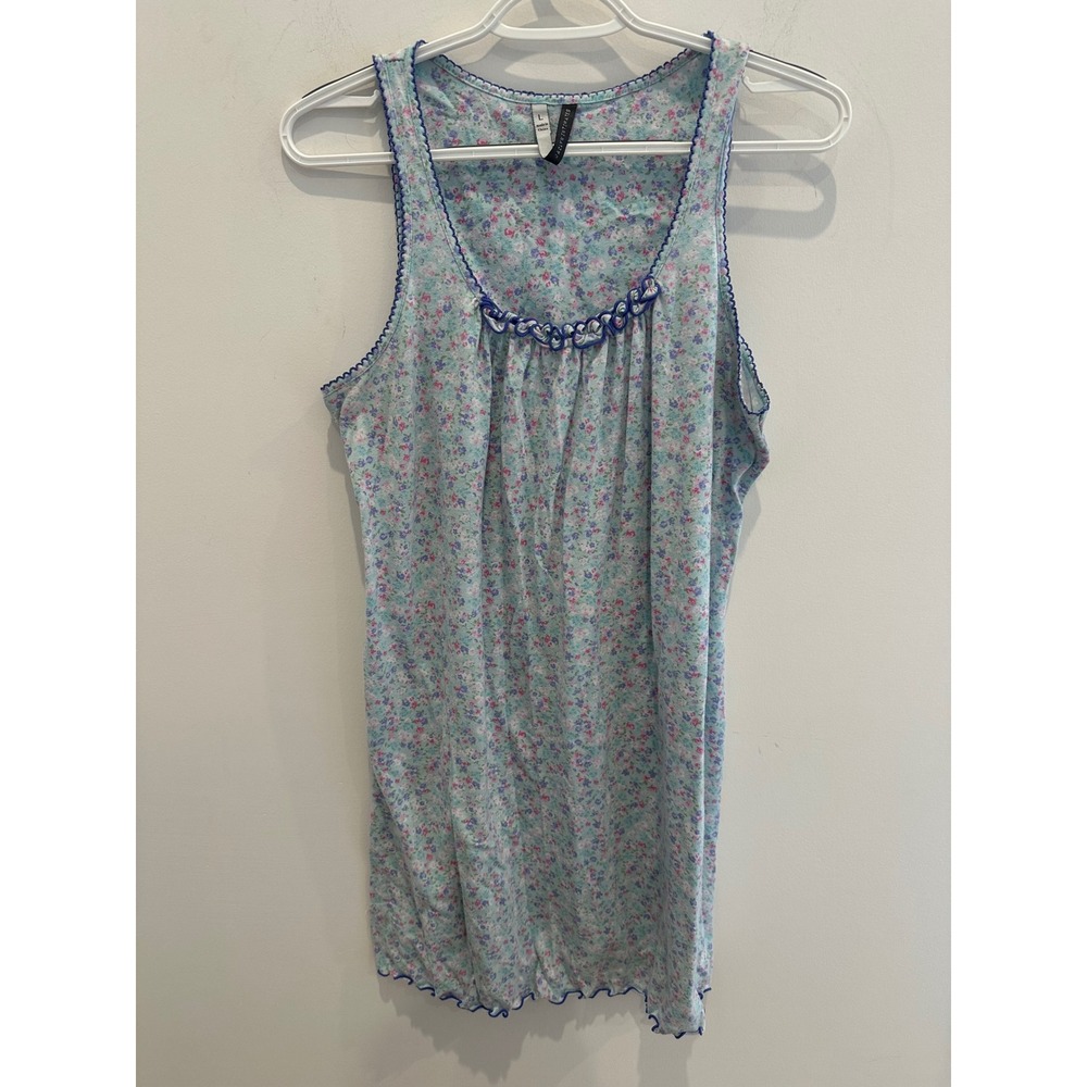 Jaclyn Intimates Blue Floral Sleeveless Nightgown Ruffle Trim Sleep Shirt Large